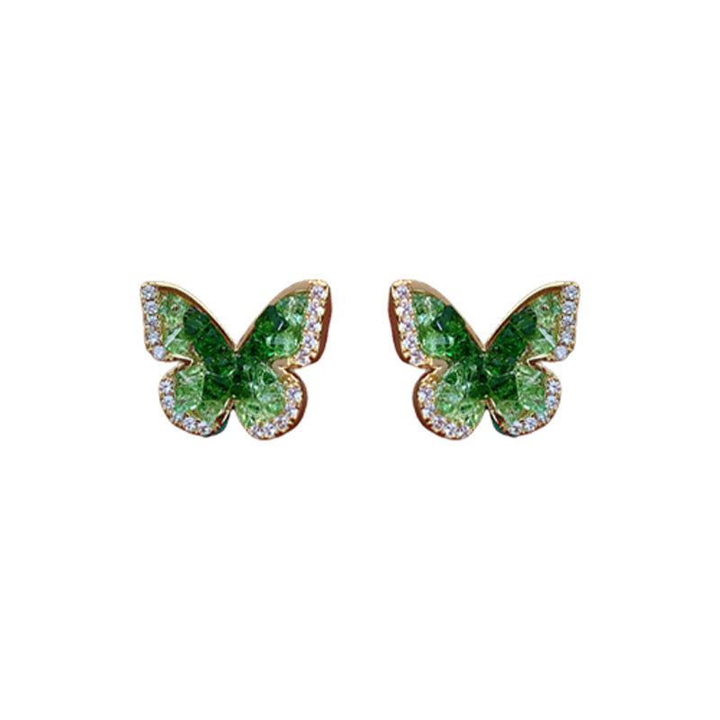 Women's Electroplated Sier Needle Zircon Green Butterfly Refreshing Earrings