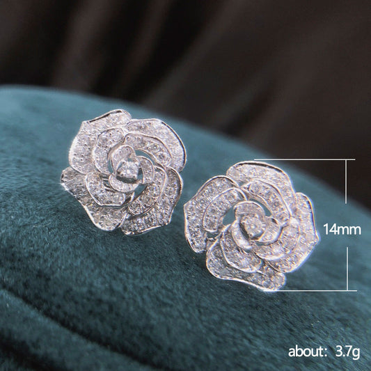 French Style Retro Hollow Camellia Zircon Valentine's Earrings