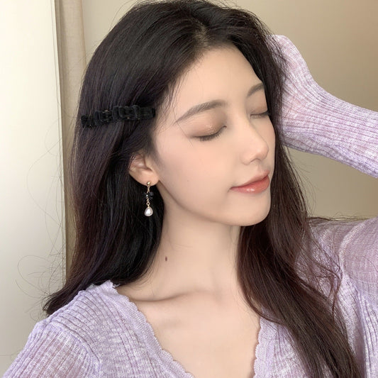 Women's Elegant French Style Black Bow Water Drop Pearl Lady Earrings