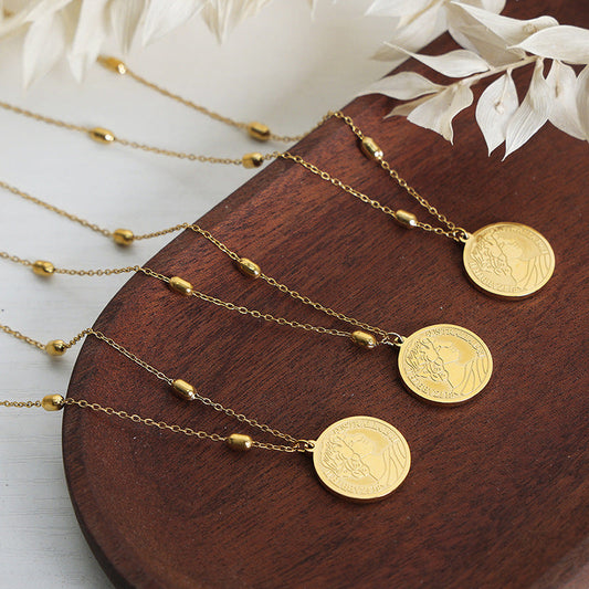 Titanium Steel Gold-plated Cartoon Character Round Pendant Sweater Necklaces