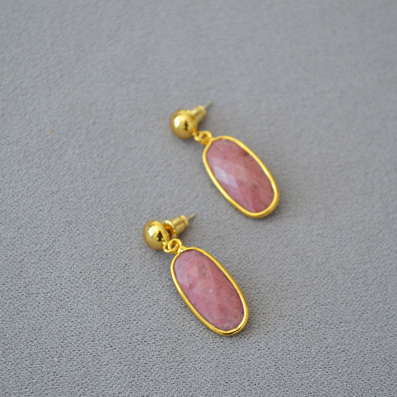 Oval Carved Real Stone Natural Simple Temperament Earrings