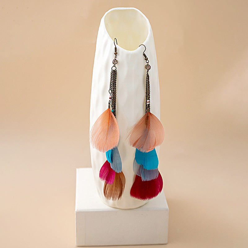 Women's Retro Ethnic Style Long Feather Tassel Earrings