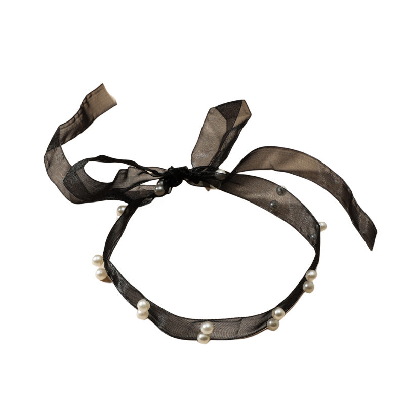 Women's Sweet Lady Black Mesh Ribbon Pearl Necklaces