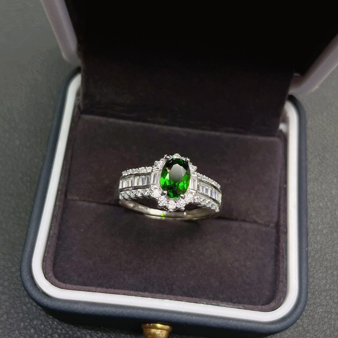 Women's Imitation Natural Diopside Female Square Diamond Emerald Rings