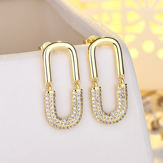 Gold Plated Double U-shaped Full Diamond Female Earrings