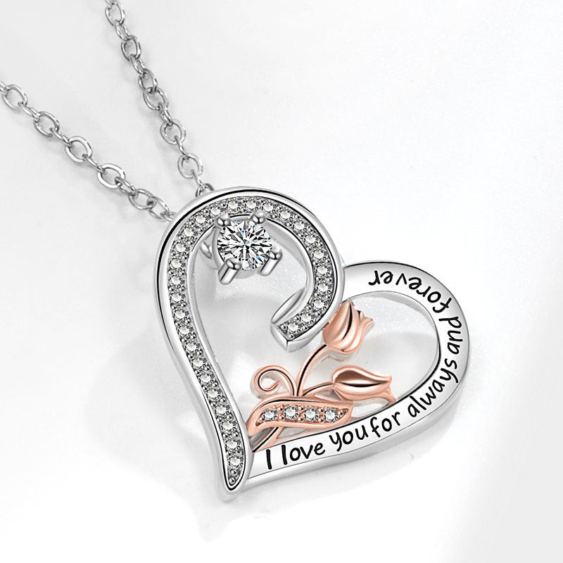 Women's Heart-shaped Rose For Simple Lettering Love Necklaces
