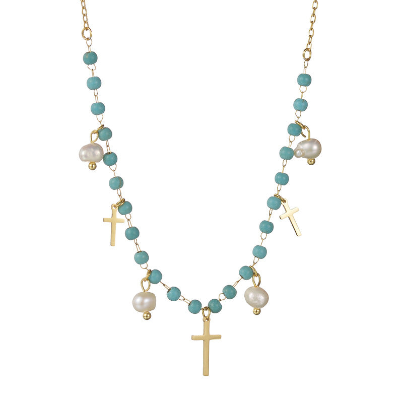 Style Retro Titanium Steel Gold Cross Freshwater Pearl Necklaces