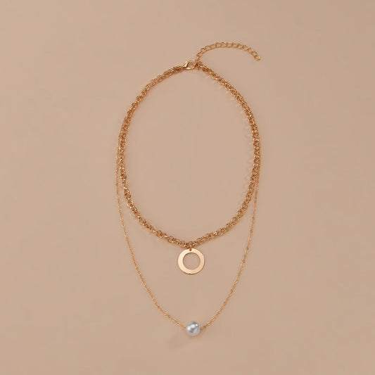 Women's Personality Geometry Hoop And Pearl Pendant Stacked Necklaces