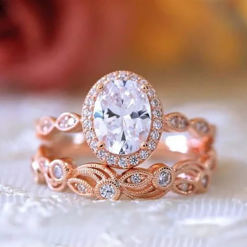Vintage CZ Halo Engagement Ring Leaf & Vine Art Deco Bridal Set Ring-Miusejewelry