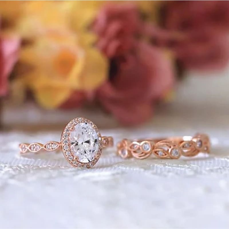 Vintage CZ Halo Engagement Ring Leaf & Vine Art Deco Bridal Set Ring-Miusejewelry