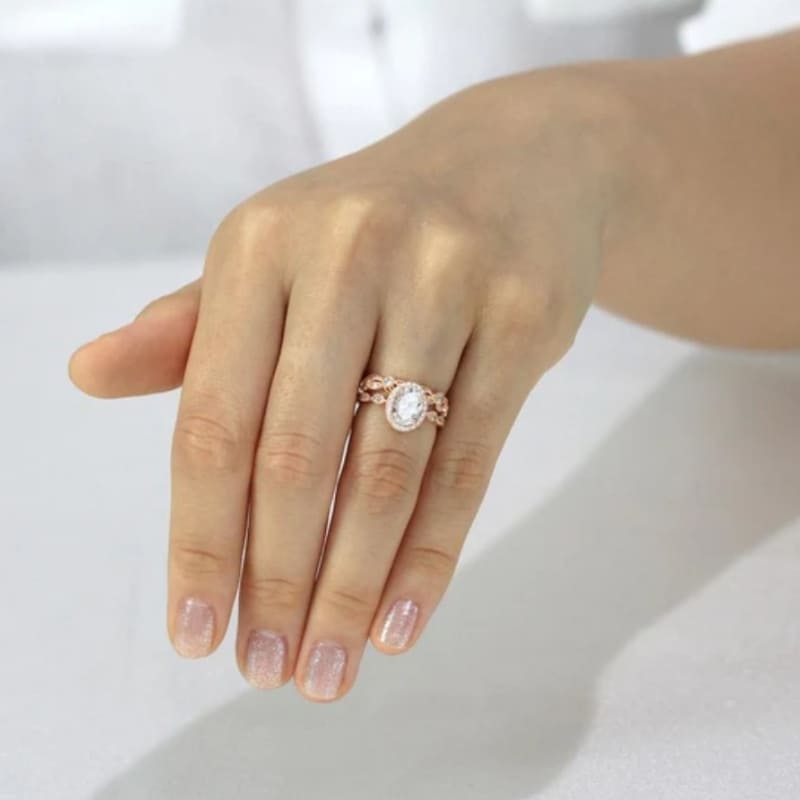 Vintage CZ Halo Engagement Ring Leaf & Vine Art Deco Bridal Set Ring-Miusejewelry
