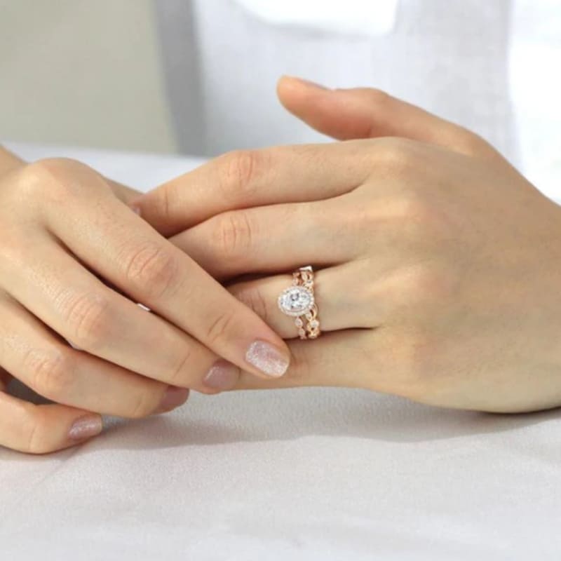 Vintage CZ Halo Engagement Ring Leaf & Vine Art Deco Bridal Set Ring-Miusejewelry