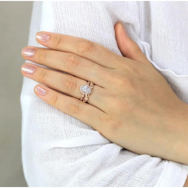 Vintage CZ Halo Engagement Ring Leaf & Vine Art Deco Bridal Set Ring-Miusejewelry
