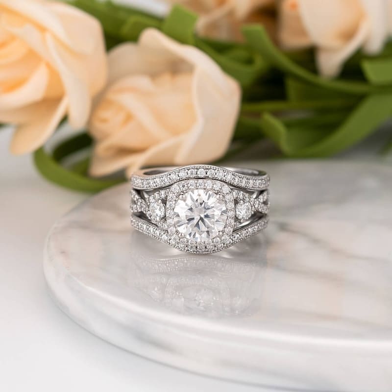 Round Cut White Sapphire 925 Sterling Silver Twisted Halo Bridal Sets-Miusejewelry