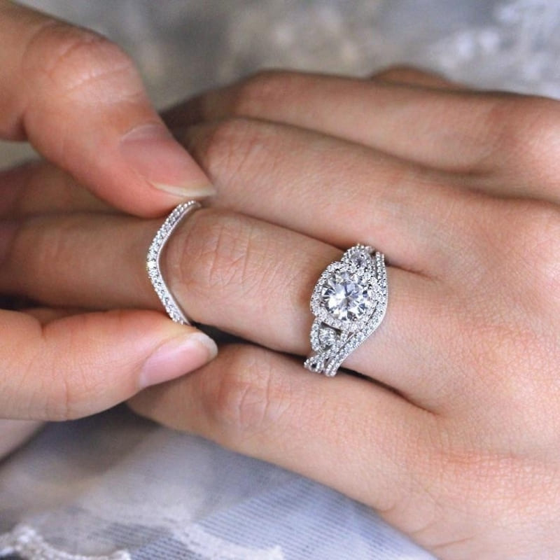 Round Cut White Sapphire 925 Sterling Silver Twisted Halo Bridal Sets-Miusejewelry