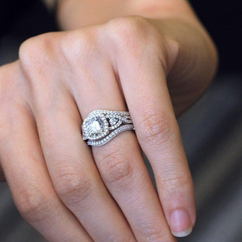 Round Cut White Sapphire 925 Sterling Silver Twisted Halo Bridal Sets-Miusejewelry