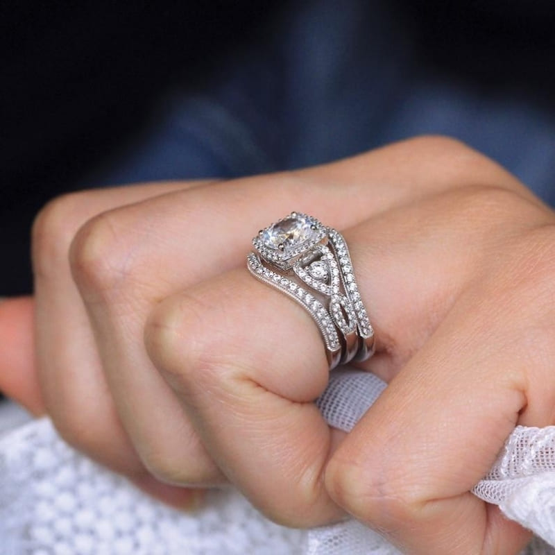 Round Cut White Sapphire 925 Sterling Silver Twisted Halo Bridal Sets-Miusejewelry