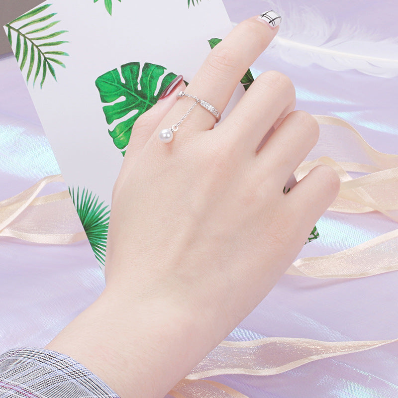 Korean Style Chain Rhinestone Pearl Adjustable Rings