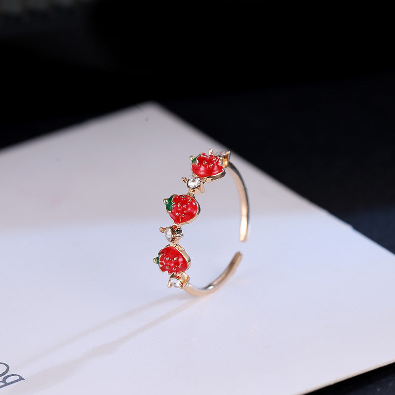 Simple Cute Red Strawberry Female Rhinestone Rings