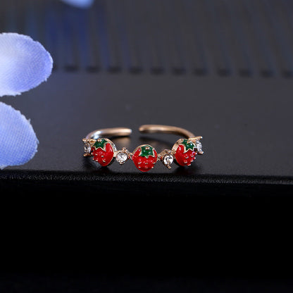 Simple Cute Red Strawberry Female Rhinestone Rings