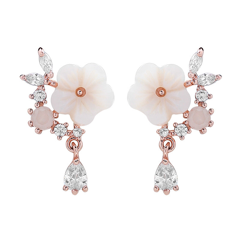 Shell Flower Water Drop Zircon Mori Artistic Earrings