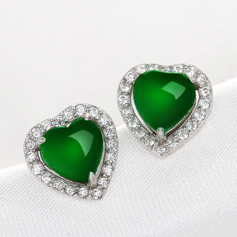 Women's Chalcedony Love Heart Diamond Gem Heart-shaped Earrings
