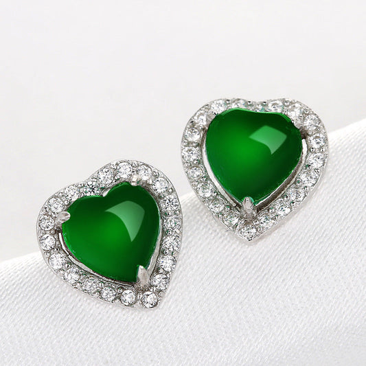 Women's Chalcedony Love Heart Diamond Gem Heart-shaped Earrings