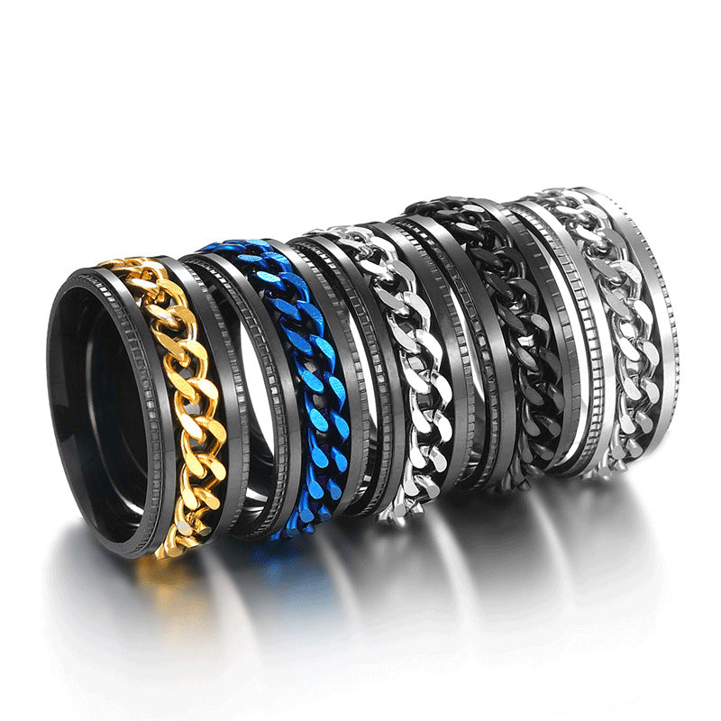 Men's Titanium Steel Rotatable Chain Embossed Ornament Rings