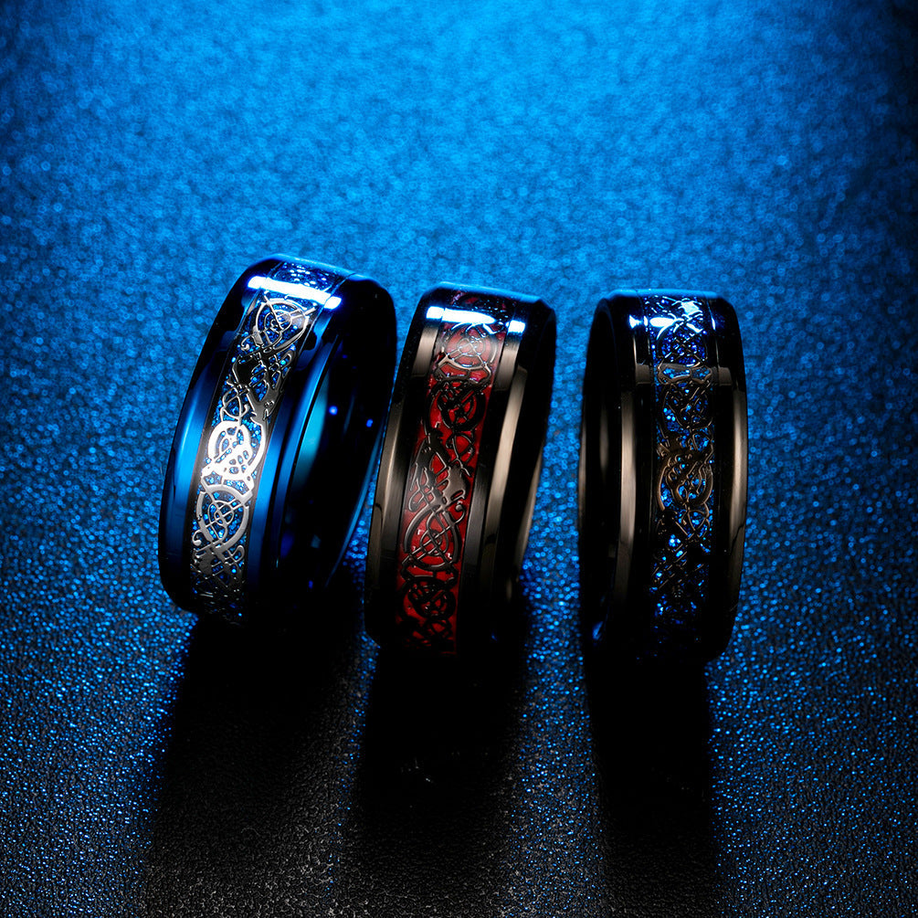 Men's Polished Plated Blue Inlaid Dragon Root Rings