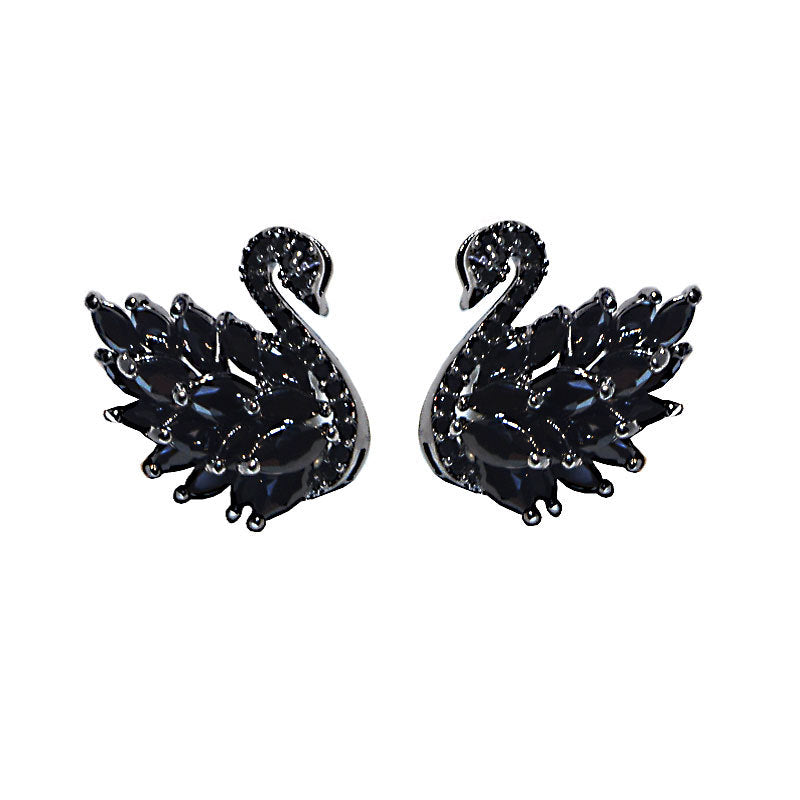 Sier Needle Small Black Swan Korean Style Crystal Earrings
