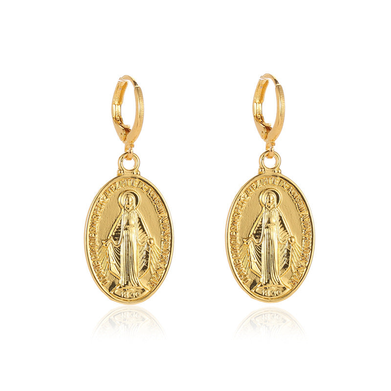 Vintage Virgin Mary Portrait Female Style Alloy Round Statue Earrings