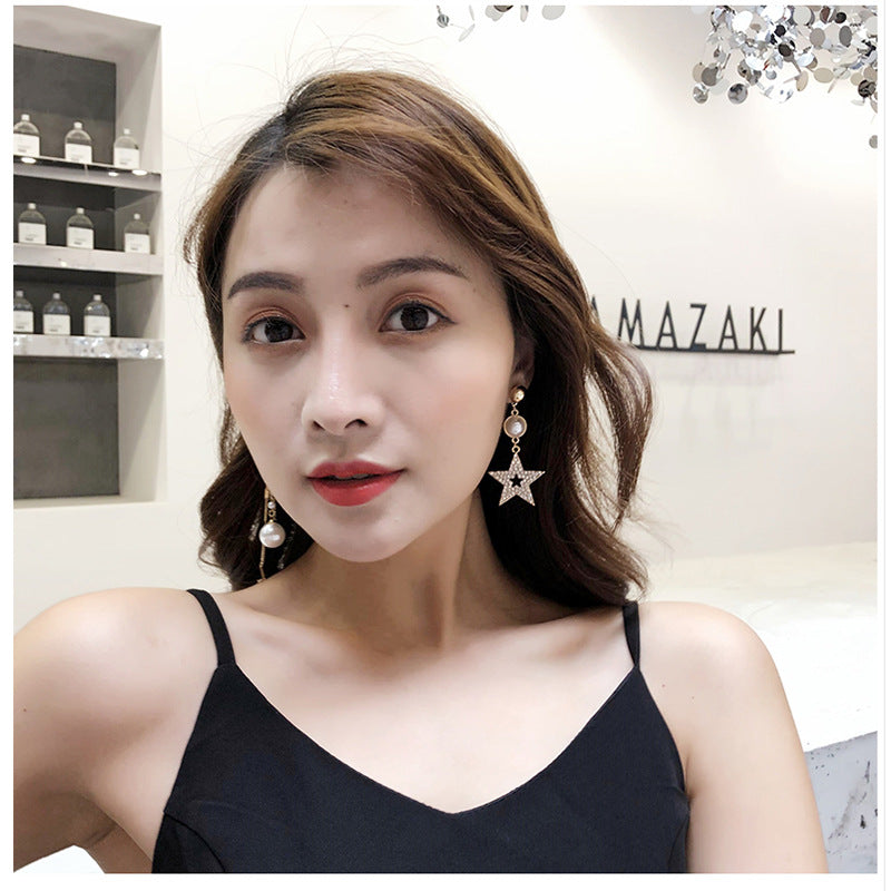 Five-pointed Star Asymmetric Super Flash Sier Needle Long Earrings