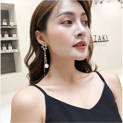 Five-pointed Star Asymmetric Super Flash Sier Needle Long Earrings