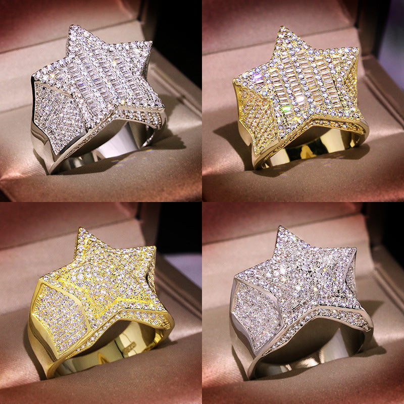 Men's Hip Hop Micro Inlaid Zircon Pentagram Rings