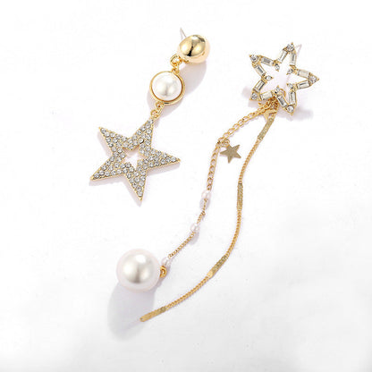 Five-pointed Star Asymmetric Super Flash Sier Needle Long Earrings