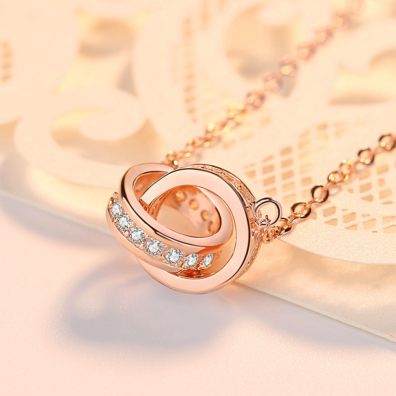 Women's Rose Gold Round Buckle Double Diamond Inlaid Short Clavicle Necklaces