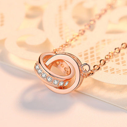 Women's Rose Gold Round Buckle Double Diamond Inlaid Short Clavicle Necklaces