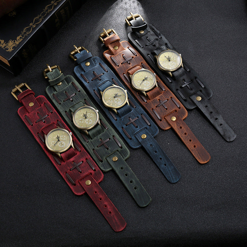 Men's Vintage Distressed Braided Leather Watch Wide Bracelets