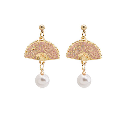 Fan Pearl Tassel Flower Folding Cute Earrings
