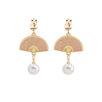Fan Pearl Tassel Flower Folding Cute Earrings