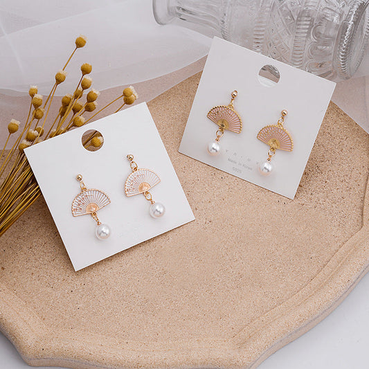 Fan Pearl Tassel Flower Folding Cute Earrings