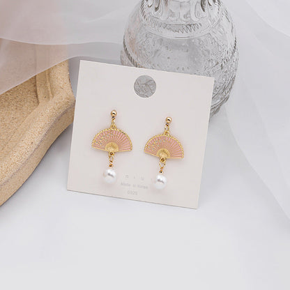 Fan Pearl Tassel Flower Folding Cute Earrings
