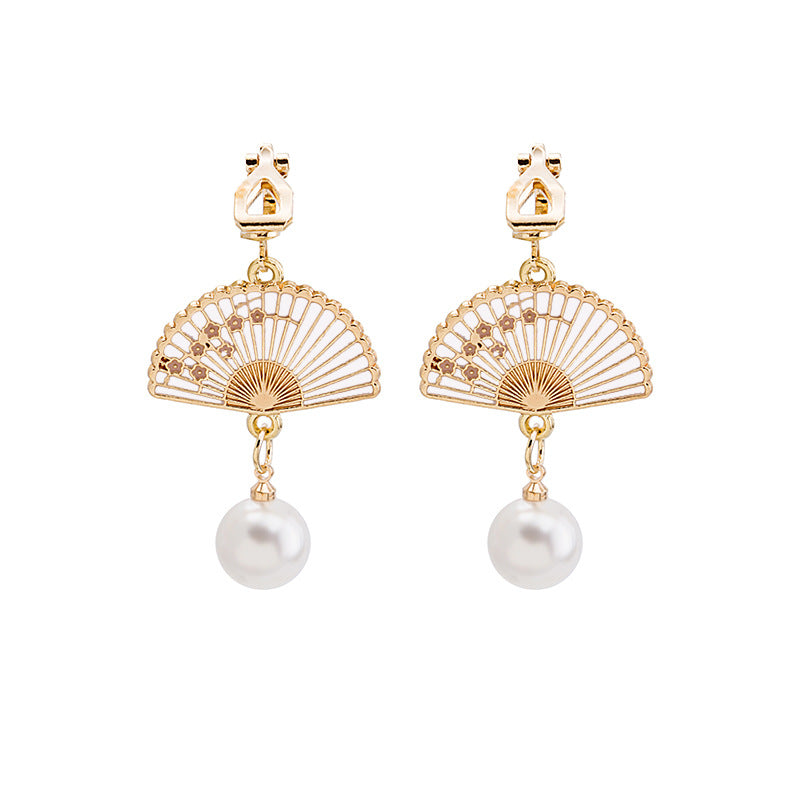 Fan Pearl Tassel Flower Folding Cute Earrings