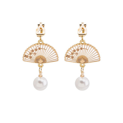Fan Pearl Tassel Flower Folding Cute Earrings