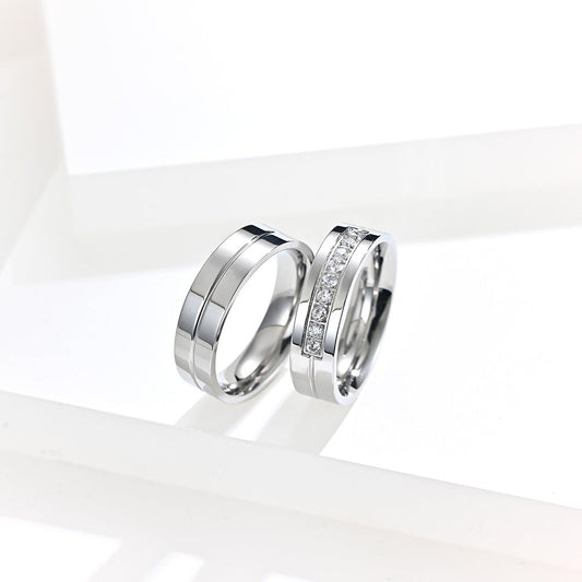Steel Diamond Couple Simple Glossy Stainless Wedding Rings