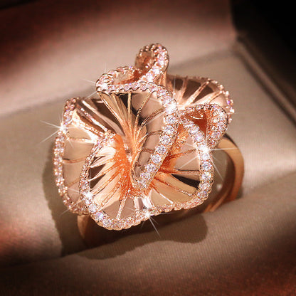 Inlaid Zircon Three-dimensional Camellia Creative Rose Rings