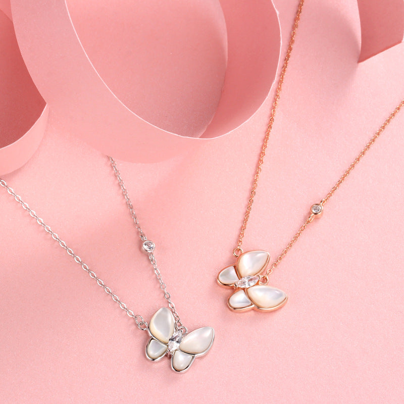 Sier Butterfly Pendant White Shell Clavicle Necklaces