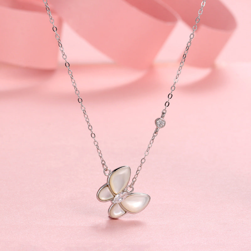 Sier Butterfly Pendant White Shell Clavicle Necklaces