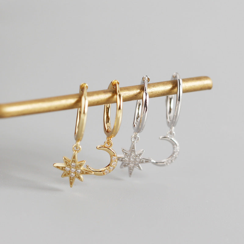 Women's Sterling Sier Geometric Star Moon Diamond Earrings