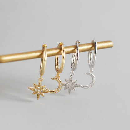 Women's Sterling Sier Geometric Star Moon Diamond Earrings